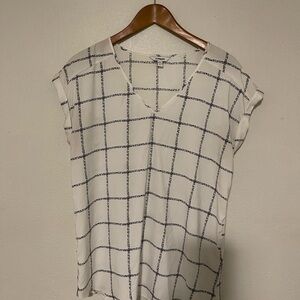 Express White V-Neck Grid Blouse with Navy Check